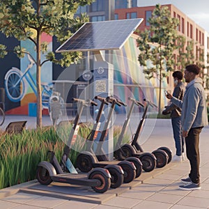 A city plaza where shared e?scooters, e?bikes, and micro?EVs dock at a solar?powered charging hub photo
