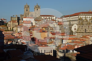 City of Porto, Portugal. Old city tiled roofs and urban sprawl