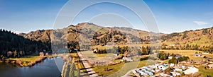 City of Powers, Oregon USA. Aerial image of county park and pond