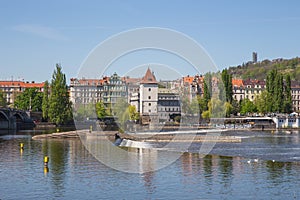 City Prague, Czech Republic. Old  buildings and street view. Vltava river. Travel photo 2019