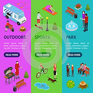 City Public Park or Square Banner Vecrtical Set 3d Isometric View. Vector