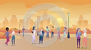 City public park in sunset. People communication, enjoing time vector illustration.