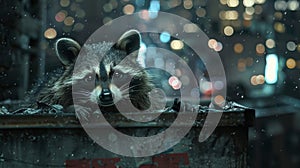 City raccoons nocturnal scavengers in urban setting, high angle view with trash can treasure photo