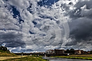 City before rain, cloudly, stormy sky