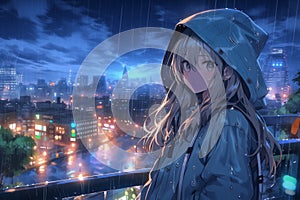 City Rainy Nightscape With Anime Girl Gazing Out - Wallpaper