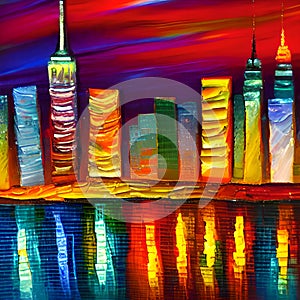 City Reflected in the Water Nostalgic Nightscape Landscape Illustration