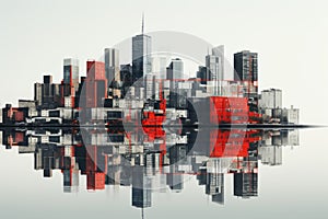 the city is reflected in the water with a red building in the middle