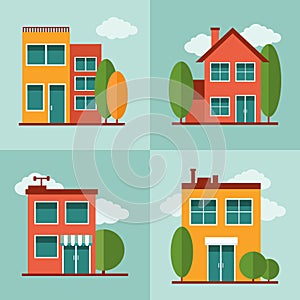 City residential buildings set in vector flat style