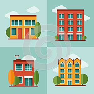 City residential buildings set in vector flat style