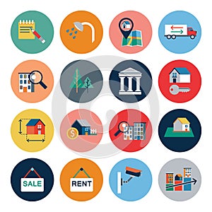 City residential buildings, vector icons set. Municipal real estate objects isolated on white background.