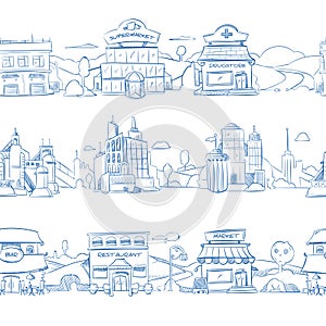 City retail buildings, store, supermarket and restaurant in hand drawn line doodle style