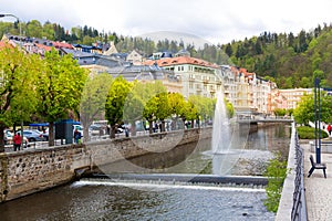 City river with fountain, Karlovy Vary