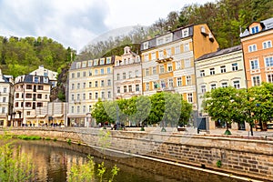City river and old buildings, Karlovy Vary