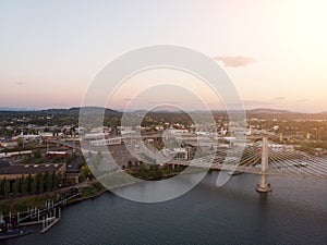 City with river Portland Oregon at sunset aerial view