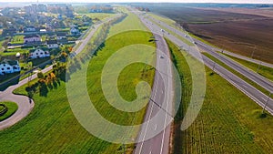 City road aerial view. Cars traffic on highway road. Aerial view car route