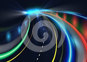 City road car light trails. High speed vector background. Illumination of road with speed car motion illustration