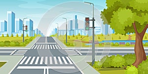 City road with crossroads traffic lights. City highway vector illustration