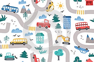 City road pattern. Kids town print with cute little cars, town transport seamless vector background illustration