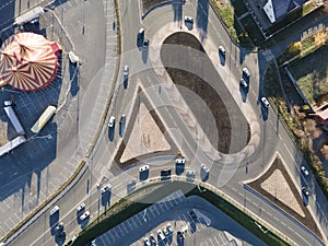 City Road roundabout, Expressway with car and truck. Street Top view. Background, Aerial