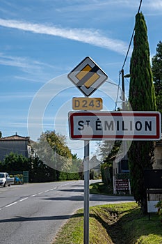 City road sign in Pomerol village, production of red Bordeaux wine, Merlot or Cabernet Sauvignon grapes on cru class vineyards in