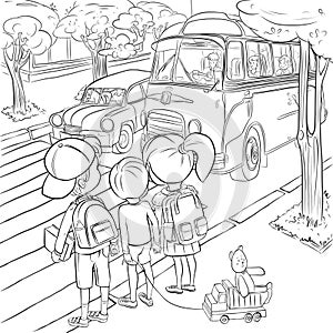 City roadway with car , children with school backpacks crossing the street, illustration for coloring