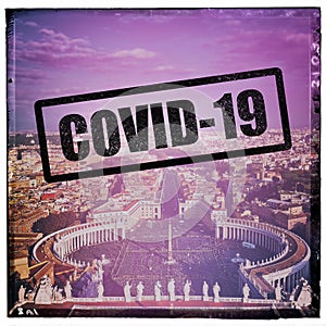 City of Rome and St. Peter`s Square with sign  stayhome regarding Covid-19 pandemic