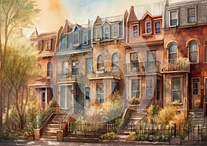 The city row houses in the springtime..The city row houses in the springtime are a beautiful sight, with their staircase leading