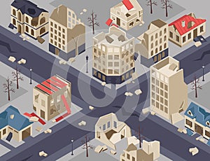 City Ruined Buildings Isometric Background