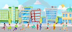 City running people vector illustration. Fitness workout women and men of all ages with urban city streets. Sport run