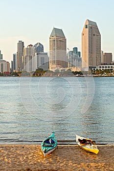 City of San Diego California, USA kayaks on the beach