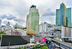 City scape of BTS sky train and view of Asoke intersection
