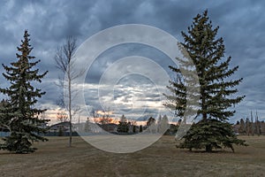 City scape with dramatic evening sky city park area and dwelling family houses in late fall season with brown grass and leafless