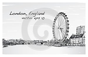 City scape drawing London eye and bridge, river, illustration