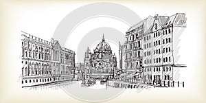 City scape in Germany. Berlin Cathedral. Old building hand drawn