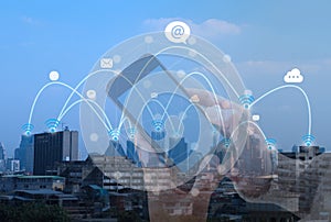 City scape and social network connection technology. telecom
