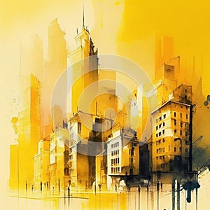 City scape watercolor painting in yellow and grey colors. Abstract buildings in city on watercolor painting