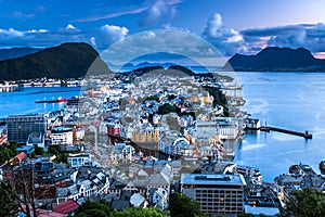 City Scene with Aerial View of Alesund Center during Blue Hour