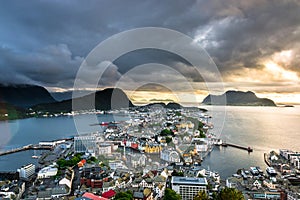 City Scene with Aerial View of Alesund Center After The Rain