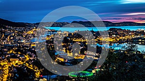 City Scene with Aerial View of Bergen Center at Night