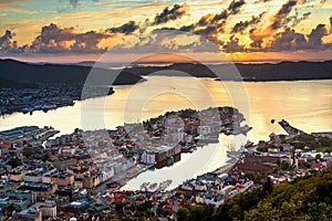 City Scene with Aerial View of Bergen Center at Sunset