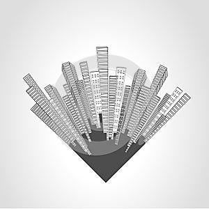 City scene. Cityscape. Silhouette of skyscrapers on a white background. Monochrome buildings. Round design.