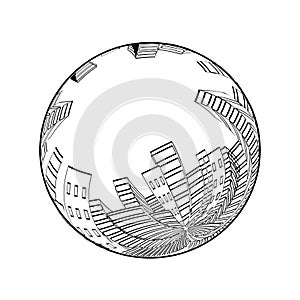 City scene in the globe. Cityscape. Silhouette of skyscrapers. Monochrome buildings. Round design.