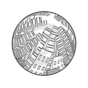 City scene in the globe. Cityscape. Silhouette of skyscrapers. Monochrome buildings. Round design.