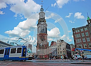 City scenic from Amsterdam in the Netherlands with the Munt tower photo