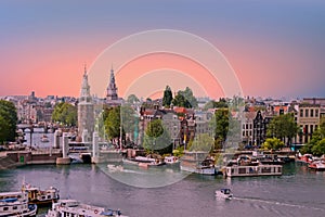 City scenic from Amsterdam in Netherlands at sunset
