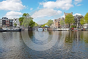 City scenic from Amsterdam at the river Amstel in Netherlands
