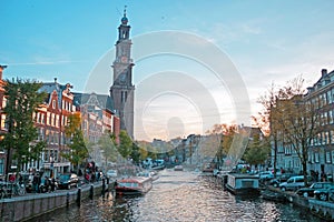 City scenic from Amsterdam with the Westerkerk in Netherland