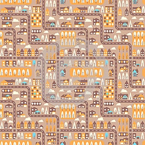 City seamless pattern top view flat design. Suburban houses and roads seamless pattern or background. Vector Illustration