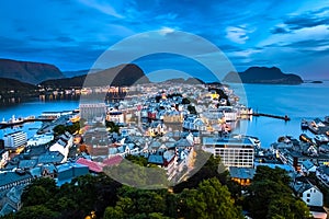 City Seascape with Aerial View of Alesund Center during Blue Hour