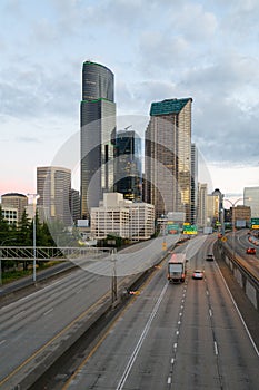 City of Seattle skyline at dawn with Interstate 5